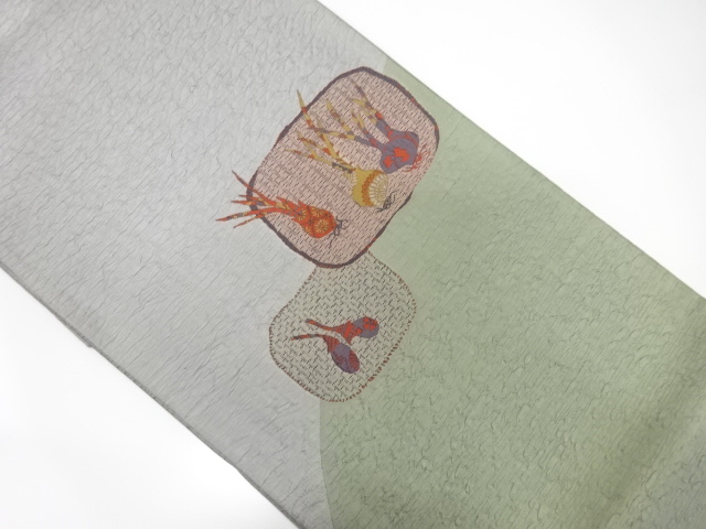 JAPANESE KIMONO / ANTIQUE FUKURO OBI / SILK / WOVEN VEGETABLES PATTERN
